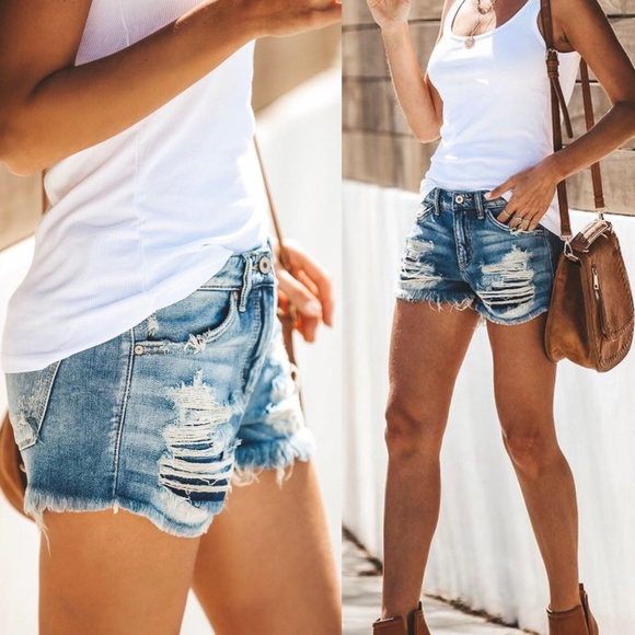 KANCAN Distressed Ripped Jean Shorts Denim KC8377M - Picture 2 of 8